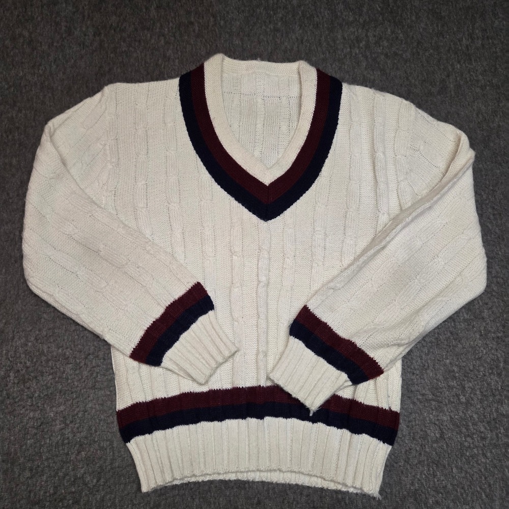 Vintage Cable Knit Cricket Sweater Mens XL White V-Neck Burgundy Navy Wool Blend